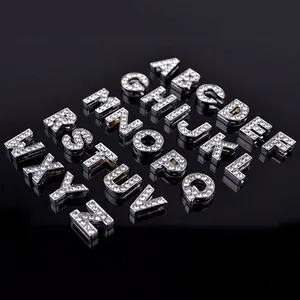 Breloques Coulissantes Lettres Alphabet en Alliage Strass Argent A-Z Chiffre pour Bracelet en Maille DIY Accessoires Bijoux