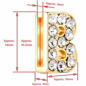 Charm lettre B en alliage doré avec strass et trou de 10mm pour bracelet en maille tressée