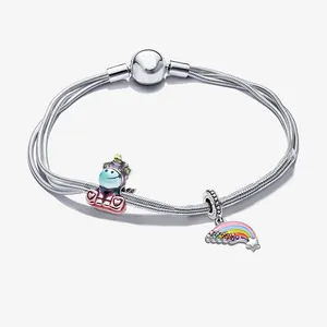 Women Alloy Silver Plated Snake Chain Charm Bracelet With Unicorn Rainbow Dreamcatcher Heart Enamel Pendants Fashion Jewelry Gift