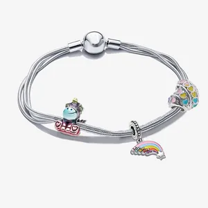 Multi-layer silver snake chain bracelet with unicorn, rainbow and heart charms