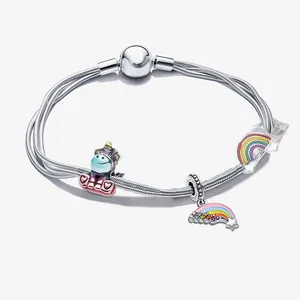 S925 sterling silver multilayer snake chain bracelet with rainbow and unicorn charms