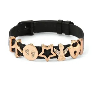 Black mesh keeper bracelet with rose gold airplane, star, and my angel charms for women