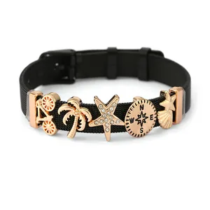 Milanese Mesh Bracelet Stainless Steel Black Watch Style Wristband With Rose Gold Starfish Coconut Tree Charms For Unisex