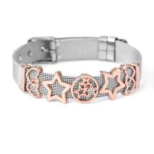 Zilveren mesh-armband met roségouden sterbedels en kristallen accenten voor dames