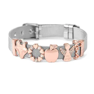 Zilveren mesh armband met roségouden bedels in de vorm van vos, hart en engel