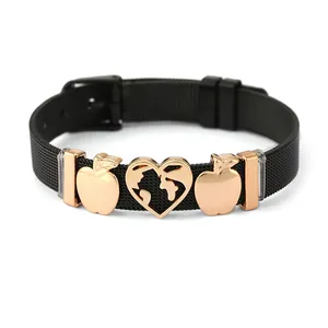 Black mesh keeper bracelet with world map heart and apple charms in rose gold