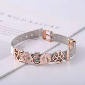 DIY stainless steel mesh bracelet with rose gold heart and baby feet charms and buckle