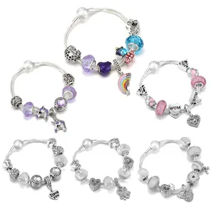 Fashion Alloy Charm Bracelet With Pink Purple Heart Unicorn Charms Drip Oil Enamel Glass Beads Snake Chain Bracelet Women Jewelry
