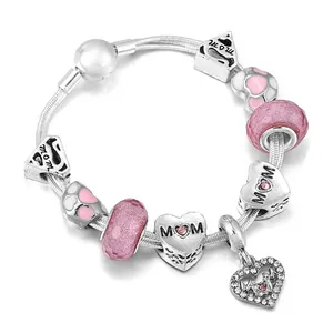 Pink heart charm bracelet with MOM engraved pendants and diamond-set heart charm