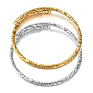 Minimalist Stainless Steel Cable Cuff Bangle For Women Gold Silver Plated Elastic Open Bracelet Adjustable Fashion Jewelry Gift