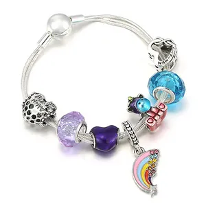 Charming silver snake chain bracelet featuring colorful beads, charms and unicorn pendant