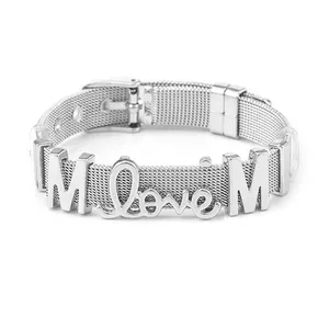 Silver 10mm stainless steel mesh bracelet with MOM and Love charms in a watch band style