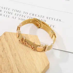 10mm golden stainless steel mesh bracelet with Love letter charm and apple pendant