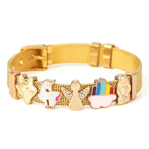 Lindo Brazalete de Malla Milanesa con Dijes de Unicornio Ángel Acero Inoxidable Oro Plata Oro Rosa Ajustable Pulsera para Mujeres Niños Joyería