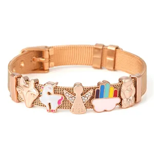 Pulsera de malla oro rosa con dijes de unicornio y ángel para mujer estilo reloj