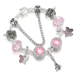 Mode Femmes DIY Charm Bracelet Alliage Plaqué Argent Avec Perles de Cristal Papillon Couronne Tour Eiffel Pendentifs Bijoux