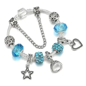 Bracciale Charm Fai Da Te Donna in Lega Argentata Catena Serpente Ciondoli Cuore Corona Stella Perline Gioielli Moda
