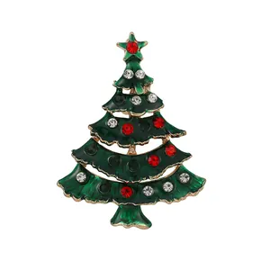 Vintage Christmas Tree Brooch For Women Alloy Green Enamel Rhinestone Inlaid Breastpin Festive Party Jewelry Gift Accessories