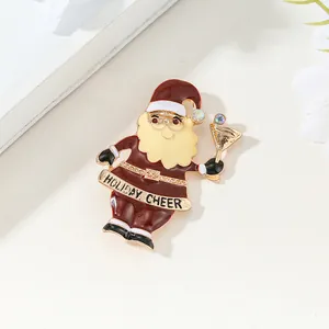 Broche Père Noël mignonne avec texte Holiday Cheer et strass brillants en émail rouge