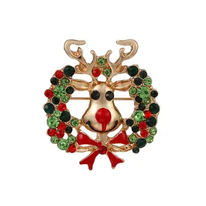 Broche Renne Couronne de Noël Pour Femmes Alliage Émail Strass Colorés Tête de Cerf Bijoux Festifs Cadeau de Noël