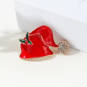 Colorful enamel Christmas hat brooch with rhinestones and holly leaves on gold metal