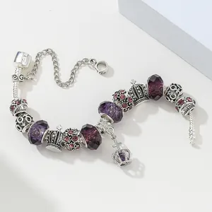 Pulsera DIY con amuleto de corona cristales púrpuras y cadena de serpiente mujer
