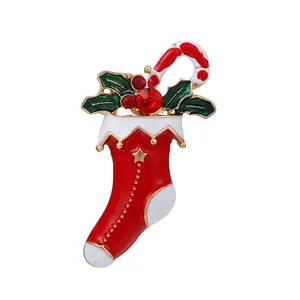 Festive Christmas Brooch Alloy Enamel Christmas Sock Candy Cane Holly Leaf Rhinestone Inlaid Lapel Pin For Women New Year Party Jewelry Gift