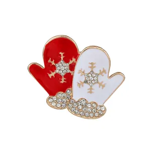 Christmas Red White Gloves Brooch Pin Alloy Enamel Rhinestone Snowflake Pattern Festive Holiday Party Jewelry For Women Gift
