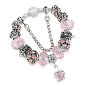 Pulsera de Abalorios DIY para Mujer con Colgante de Corona Aleación Vidrio Colorido Zirconia Cadena de Serpiente Joyería