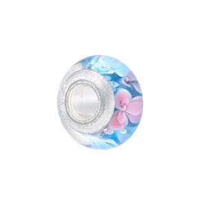 Light blue glass charm bead with pink flowers and silver core for DIY bracelets