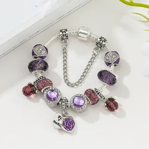 Pandora style snake chain bracelet with purple rose heart pendant and crystal beads