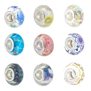 Perles à Grand Trou Colorées Style Européen Résine Verre DIY Charms Pour Bracelet Collier Création Bijoux Femmes Rétro Facettées Fleurs Papillon Perles