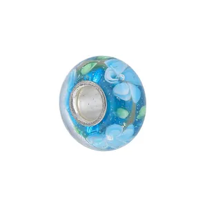Light blue 5mm large hole glass bead with inner floral pattern for DIY charm bracelets