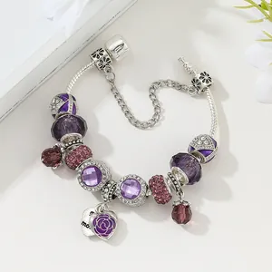 Silver snake chain bracelet with purple faceted beads and rose heart charm for Mother's Day