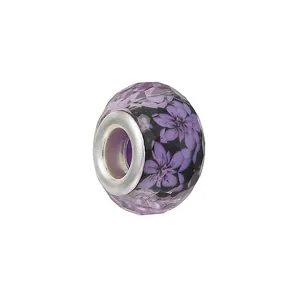 Perle facettée en résine violette avec motif floral et cœur en argent pour bracelets