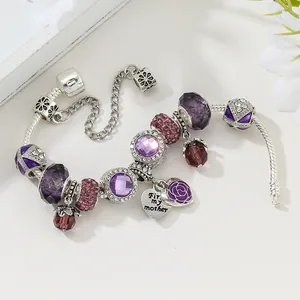 Silver bracelet with pink crystal beads and heart charm engraved For my mother