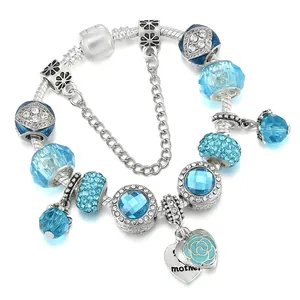 Blue crystal bead bracelet with silver snake chain and mother heart rose charms