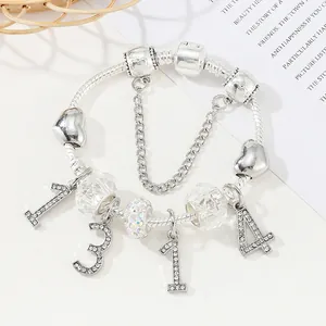 Bracelet serpent argenté avec pendentifs cœur 1314 et perles en cristal brillantes
