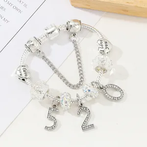 Bracelet chaîne serpent argenté avec breloques cœur I Love You et cristaux 520 brillants