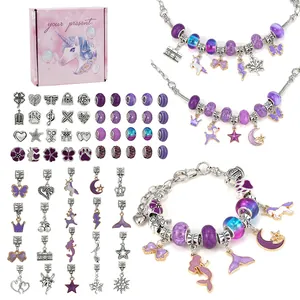Kit de Fabricación de Pulseras DIY para Niñas Tema Unicornio Sirena Púrpura Conjunto de Joyas de Aleación Con Caja de Regalo Rosa