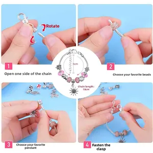 Set de pulsera de cuentas rosas DIY con colgante de girasol y cadena de plata ajustable