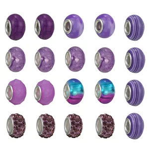 Set de joyería DIY con 20 cuentas púrpuras de agujero grande estilo Pandora y forros de plata