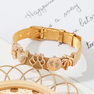 Golden stainless steel watch band bracelet with charms and adjustable pin buckle strap