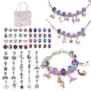 Kit de pulsera de unicornio morado DIY con cuentas plateadas y bolsa de regalo