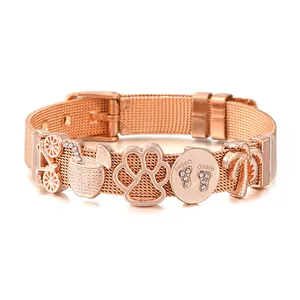 Rose gold stainless steel mesh watch band bracelet with tropical charms and crystal studs