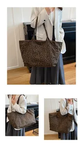 Detail of large leopard print canvas tote bag with long straps for shoulder use