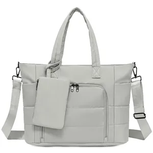 Women quilted tote bag insulated lunch bag multi compartment casual handbag in grey color.