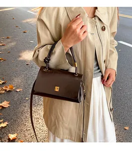 Dettaglio di una borsa in pelle lucida marrone con fibbia dorata e manico a nodo alla moda