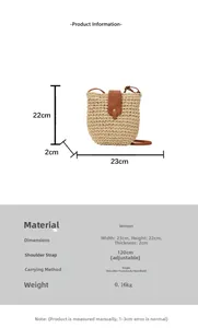 Detailed view of woven straw crossbody bag with brown leather strap and size dimensions