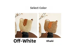 Detail view of woven straw crossbody bags in off-white and khaki with leather buckle